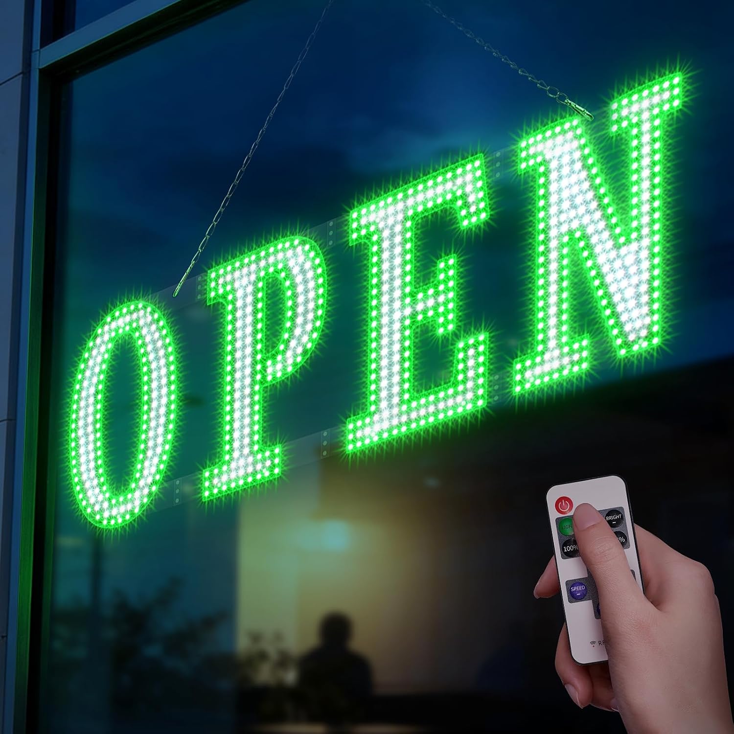 Large 40" x 14" LED Open Sign – Remote Control, Flashing Green/White ...