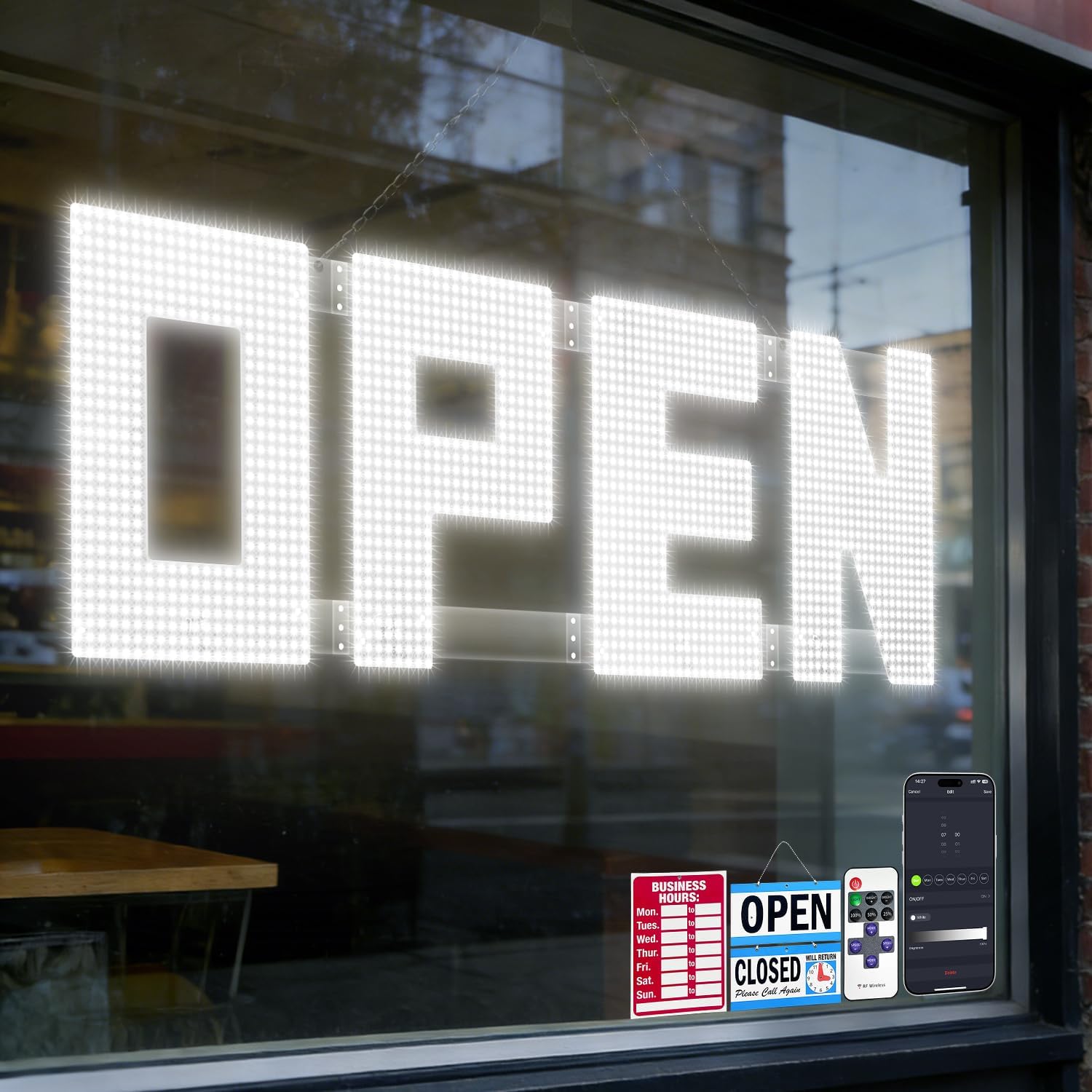 50" x 17" Extra Large LED OPEN Sign – Super Bright Dimmable Storefront Window Sign with Re