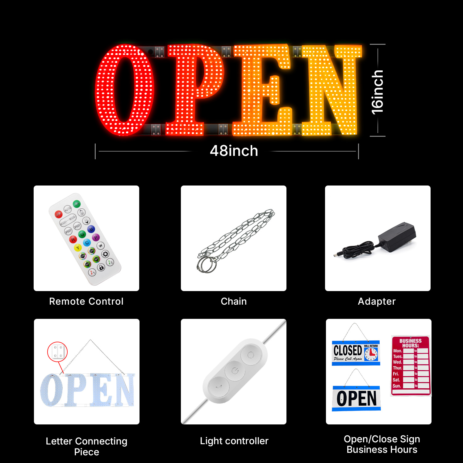 Large 48" x 16" LED Open Sign – App + Remote Control, Custom Colors ...