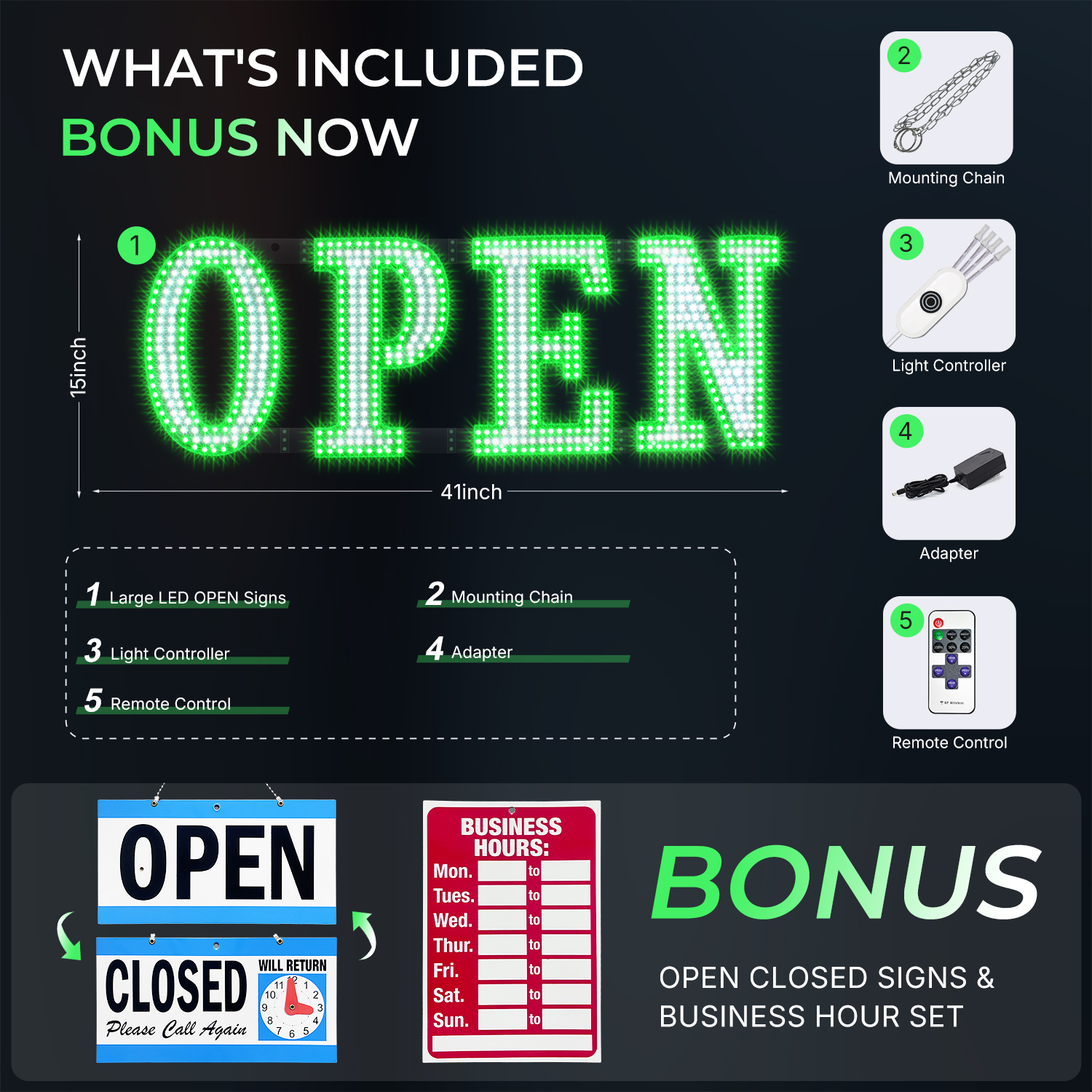 Large 40" x 14" LED Open Sign – Remote Control, Flashing Green/White ...